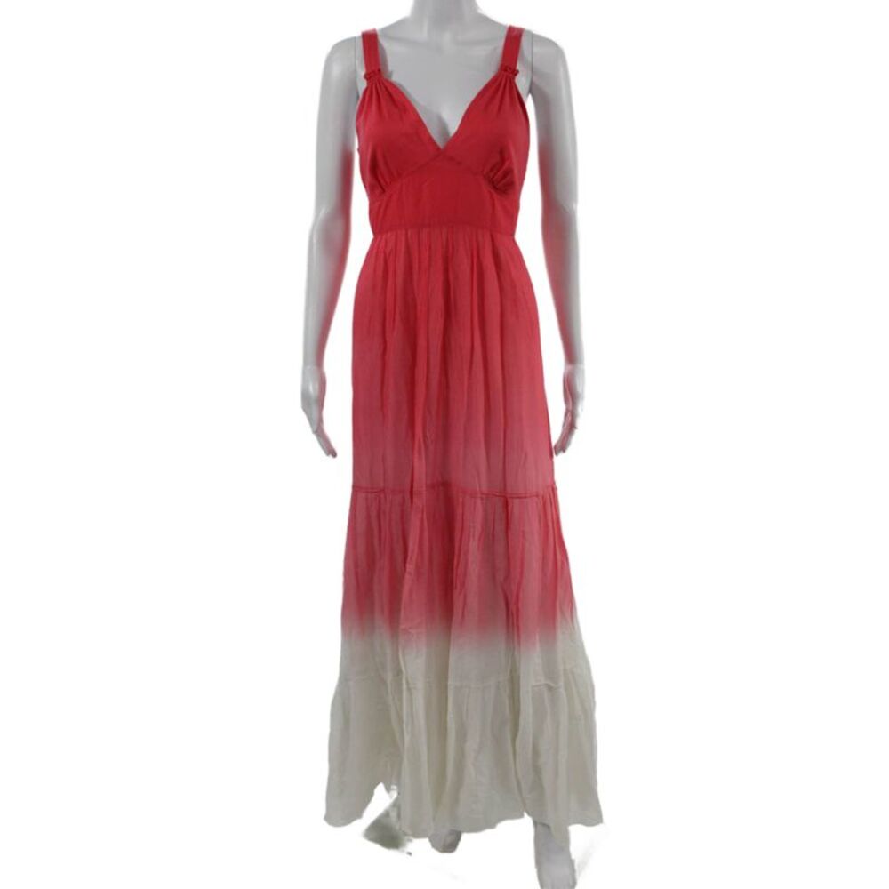 Tahari Women Maxi Sundress Red Cotton V-Neck Sleeveless Zip Beach Size 12